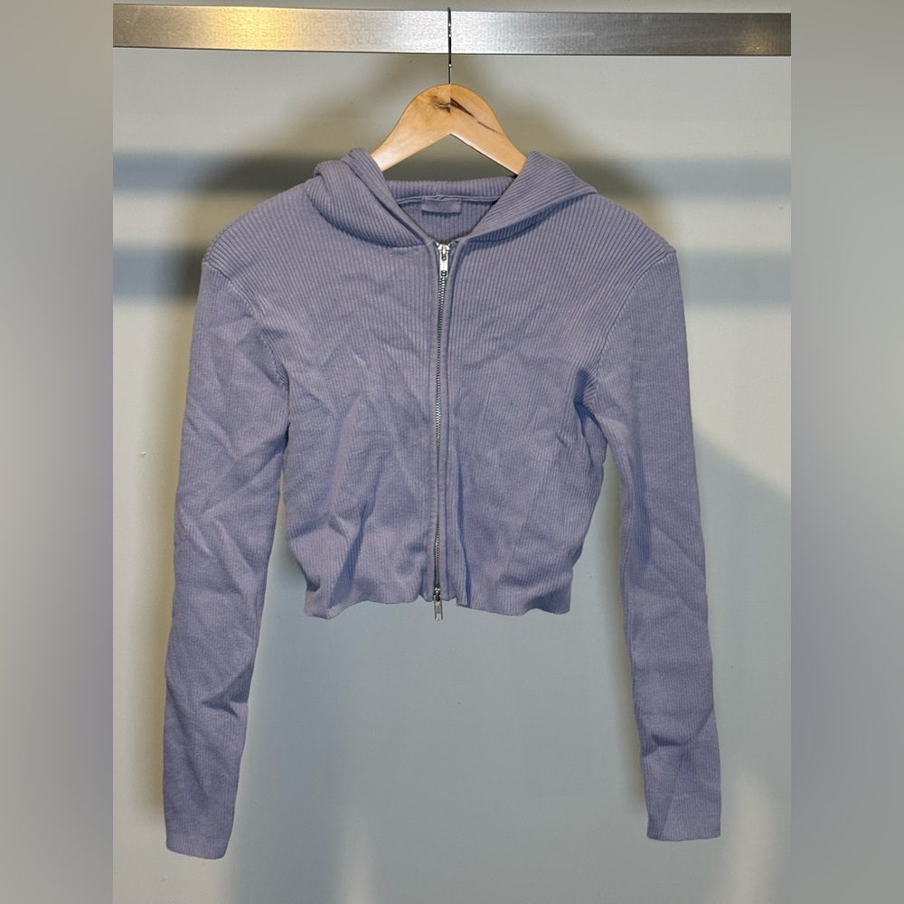 John Galt Hoodie Womens Small Lavender Knit Zip Up Cropped Long Sleeve Sweater